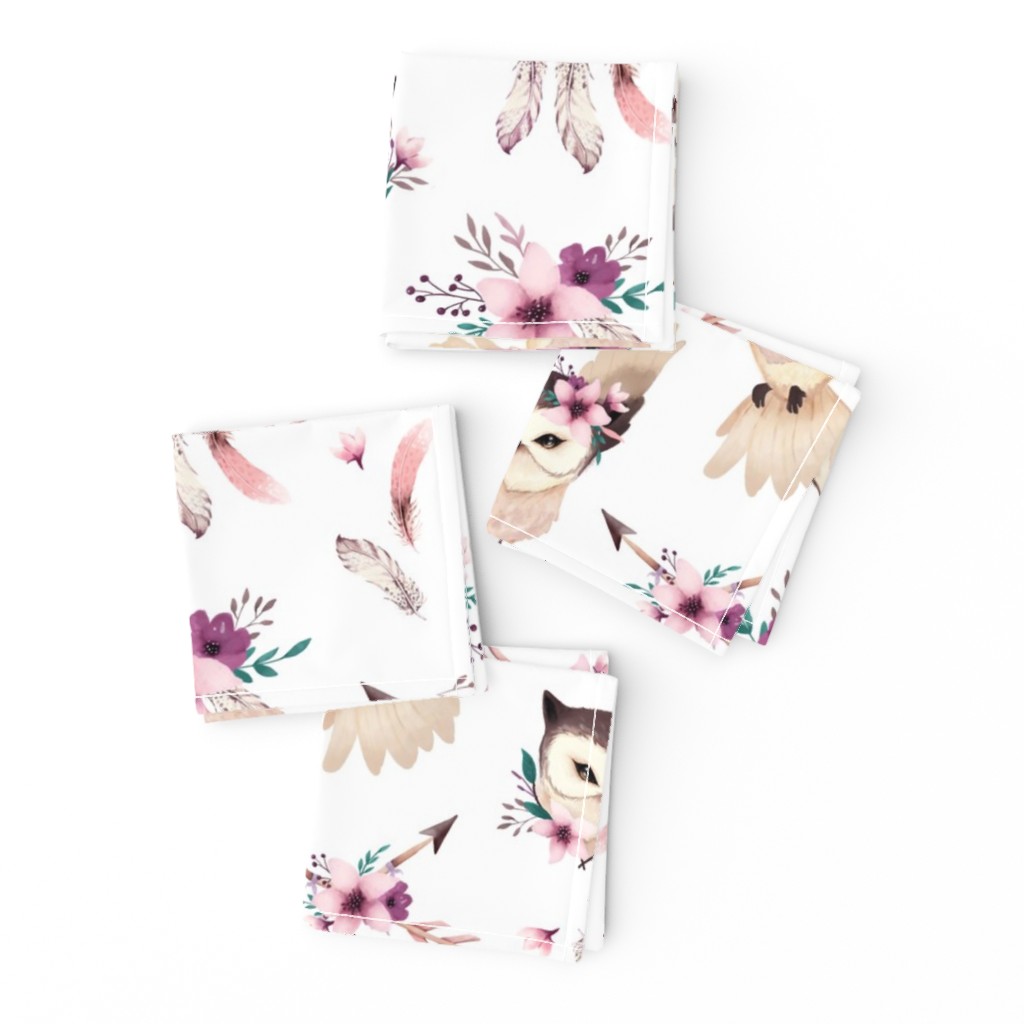 Bohoo Owl - boho owl and floral - white