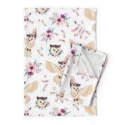 Bohoo Owl - boho owl and floral - white