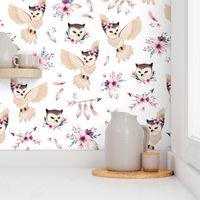 Bohoo Owl - boho owl and floral - white