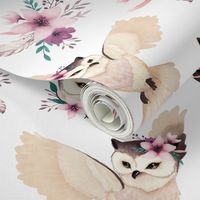 Bohoo Owl - boho owl and floral - white