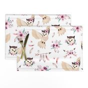 Bohoo Owl - boho owl and floral - white