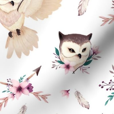Bohoo Owl - boho owl and floral - white
