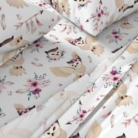 Bohoo Owl - boho owl and floral - white