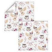 Bohoo Owl - boho owl and floral - white