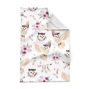 Bohoo Owl - boho owl and floral - white