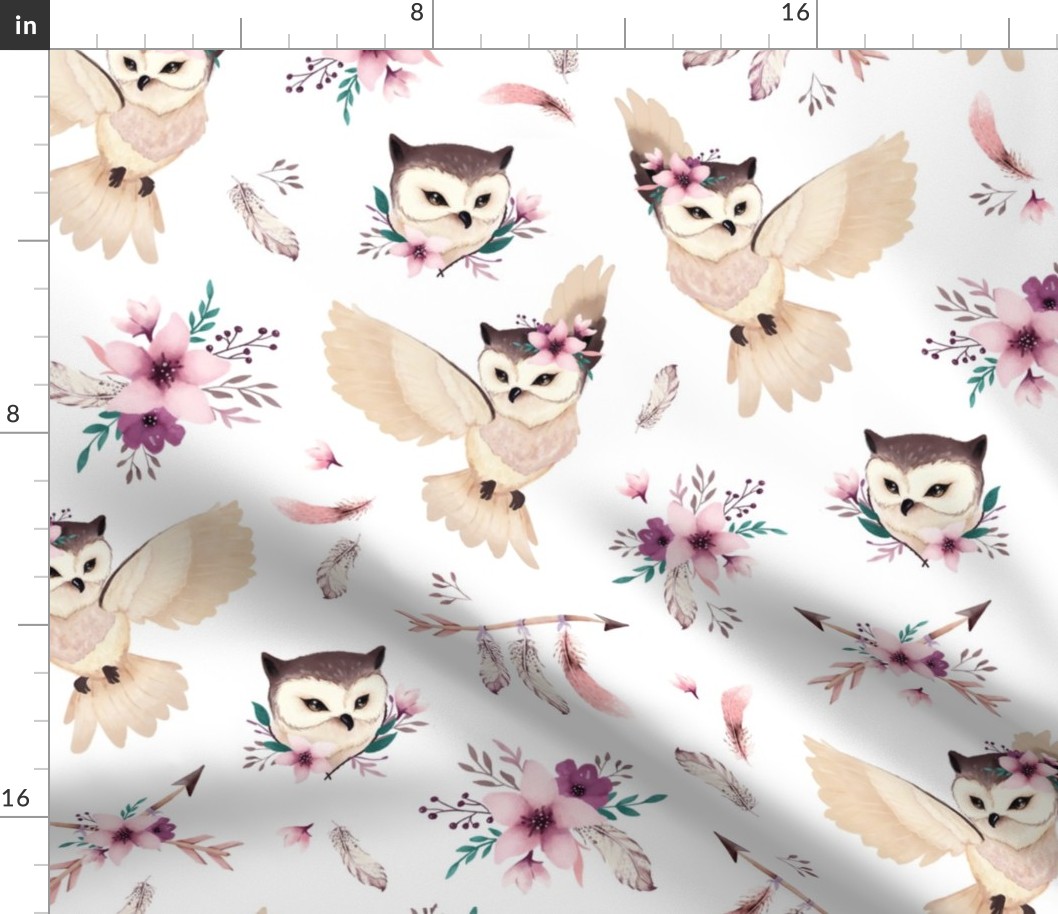 Bohoo Owl - boho owl and floral - white