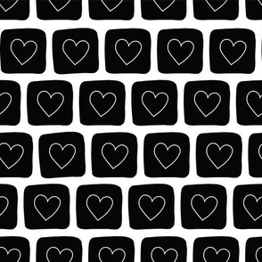 Doodle Hearts in Squares Black on White