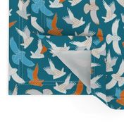 Snowy Owls in flight - orange and turquoise by Cecca