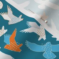 Snowy Owls in flight - orange and turquoise by Cecca