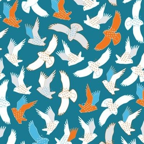 Snowy Owls in flight - orange and turquoise by Cecca