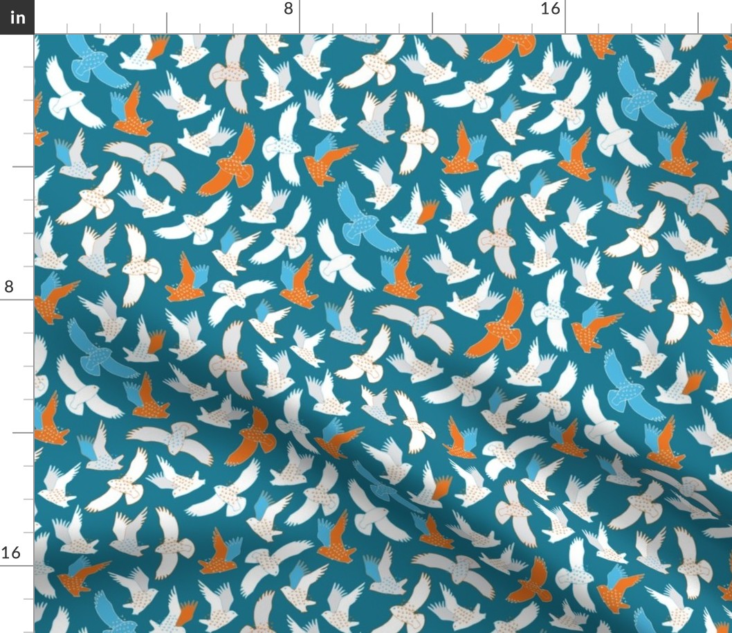 Snowy Owls in flight - orange and turquoise by Cecca