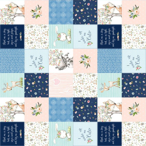 3" BLOCKS- Woodland Friends Nursery Patchwork Quilt (rotated)- I Woke Up This Cute Wholecloth Deer Fox Raccoon Bunny (Navy Pink) GingerLous