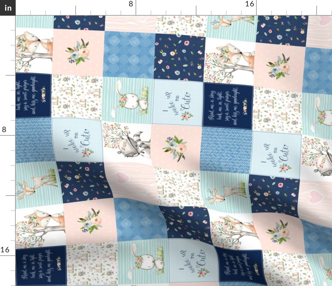 3" BLOCKS- Woodland Friends Nursery Patchwork Quilt (rotated)- I Woke Up This Cute Wholecloth Deer Fox Raccoon Bunny (Navy Pink) GingerLous
