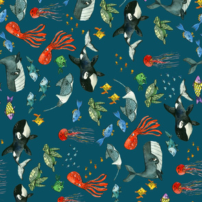 Ocean Pals - Large Scale on Dark Teal Rotated