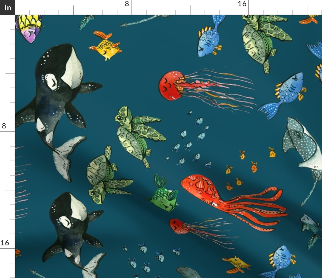 Ocean Pals - Large Scale on Dark Teal Rotated