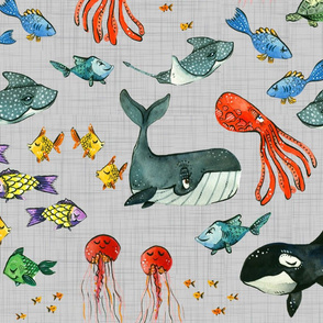 Ocean Pals - Large Scale on Grey Linen
