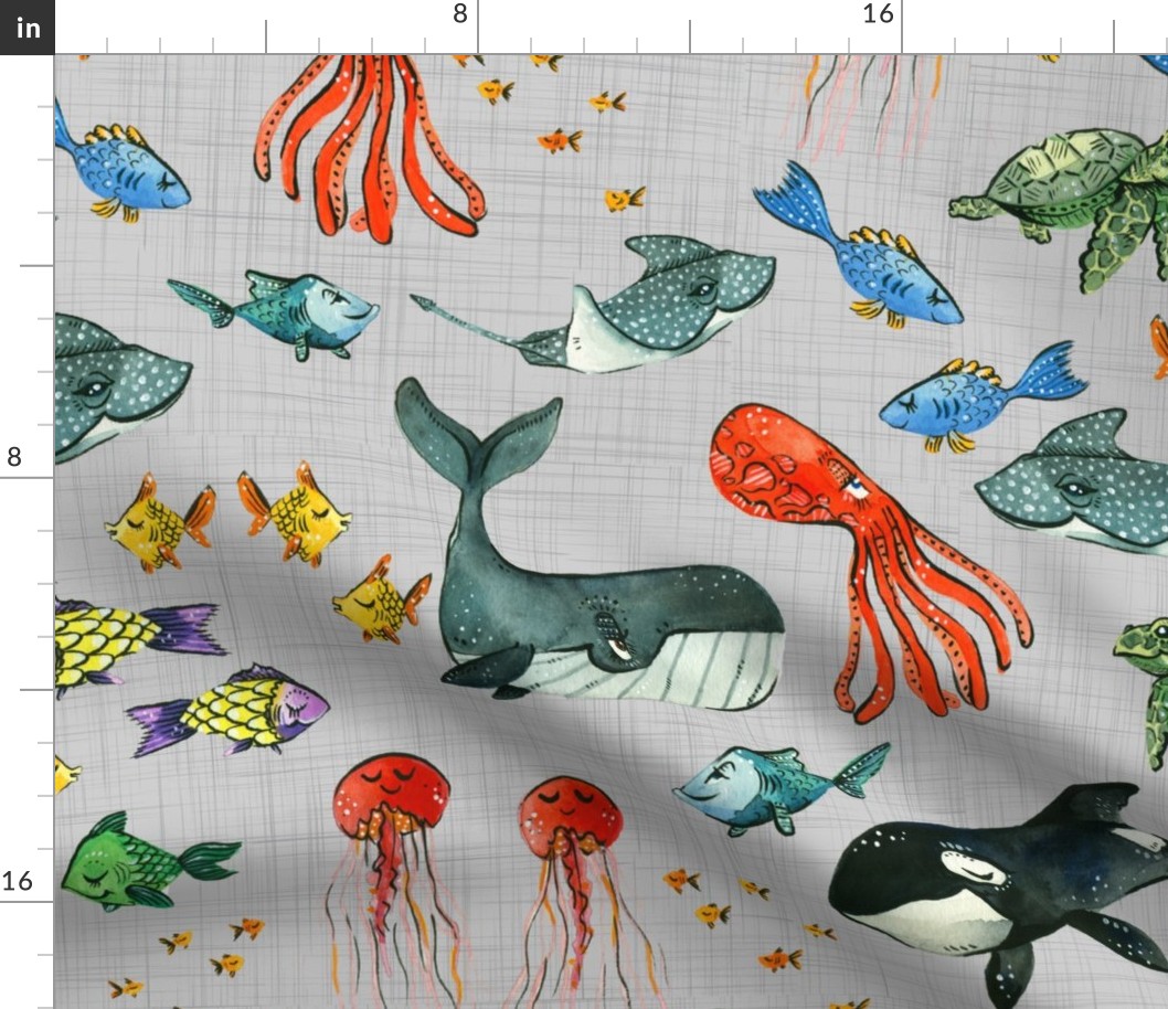 Ocean Pals - Large Scale on Grey Linen