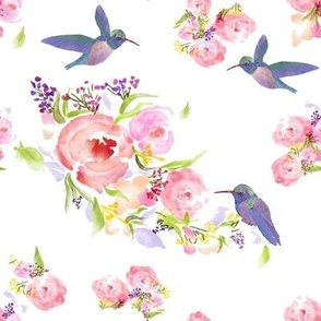 Watercolor flowers and birds