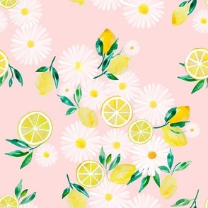 Watercolor lemons and daisies in pink background