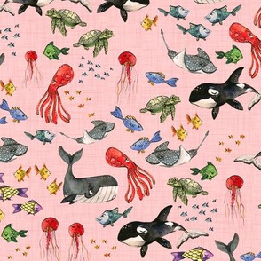 Ocean Pals - Smaller Scale on Pink Linen