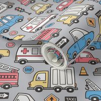 Cars Vehicles Doodle fabric Blue Red Yellow on Grey