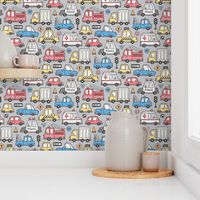 Cars Vehicles Doodle fabric Blue Red Yellow on Grey