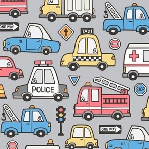 Cars Vehicles Doodle fabric Blue Red Yellow on Grey