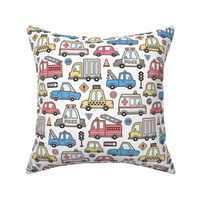 Cars Vehicles Doodle fabric Blue Red Yellow on White