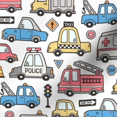 Cars Vehicles Doodle fabric Blue Red Yellow on White