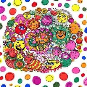 circle of circular stuff colorful doodle, large scale, white rainbow