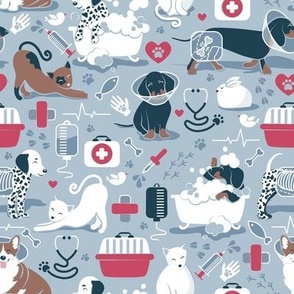 Small scale // VET medicine happy and healthy friends // pastel blue background red details navy blue white and brown cats dogs and other animals