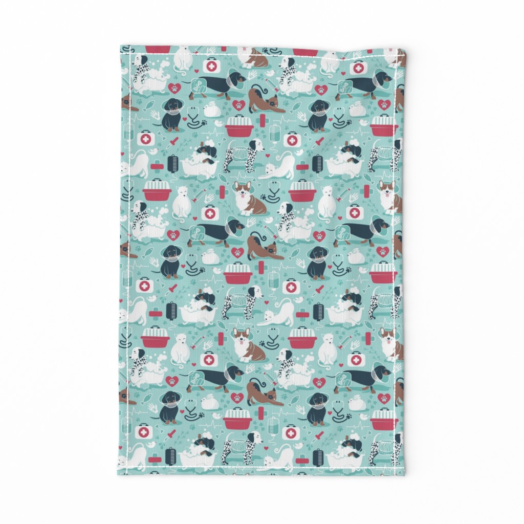 Small scale // VET medicine happy and healthy friends // aqua background red details navy blue white and brown cats dogs and other animals