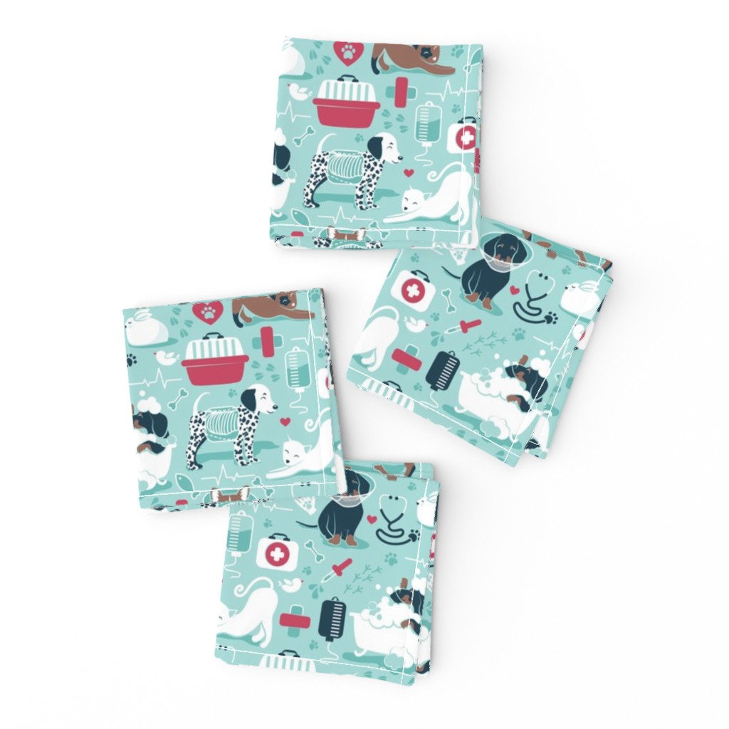 Small scale // VET medicine happy and healthy friends // aqua background red details navy blue white and brown cats dogs and other animals