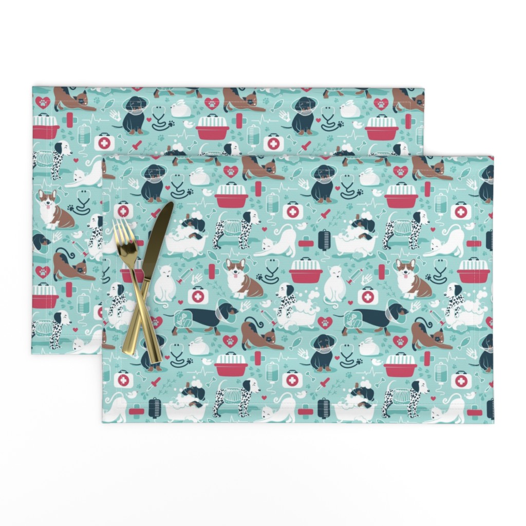 Small scale // VET medicine happy and healthy friends // aqua background red details navy blue white and brown cats dogs and other animals