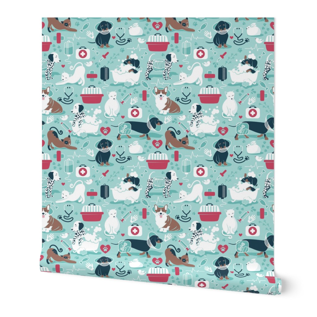 Small scale // VET medicine happy and healthy friends // aqua background red details navy blue white and brown cats dogs and other animals