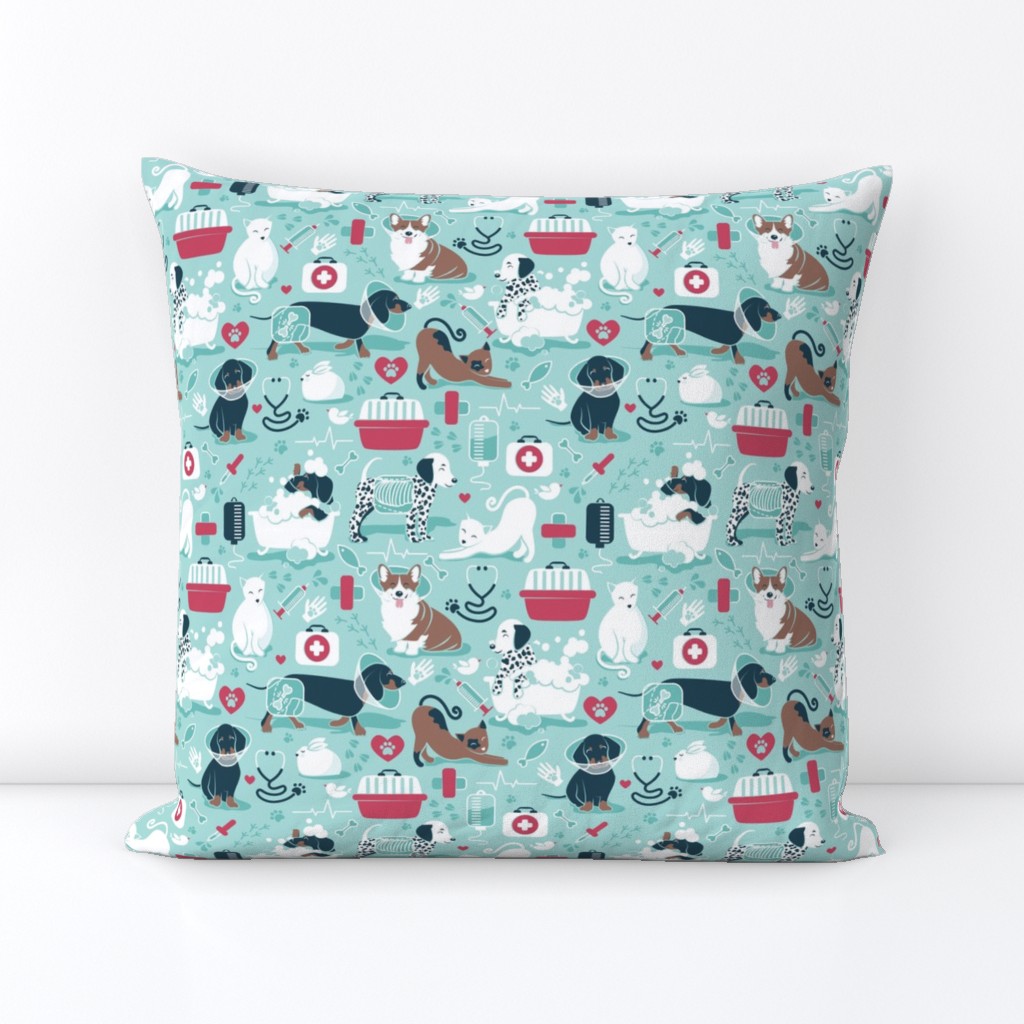 Small scale // VET medicine happy and healthy friends // aqua background red details navy blue white and brown cats dogs and other animals