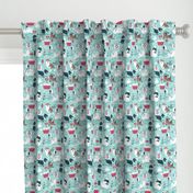 Small scale // VET medicine happy and healthy friends // aqua background red details navy blue white and brown cats dogs and other animals