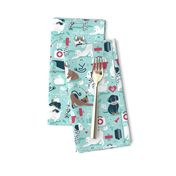 Small scale // VET medicine happy and healthy friends // aqua background red details navy blue white and brown cats dogs and other animals