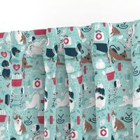 Small scale // VET medicine happy and healthy friends // aqua background red details navy blue white and brown cats dogs and other animals