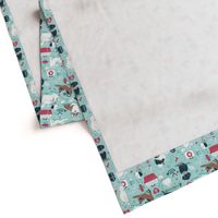 Small scale // VET medicine happy and healthy friends // aqua background red details navy blue white and brown cats dogs and other animals