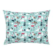 Small scale // VET medicine happy and healthy friends // aqua background red details navy blue white and brown cats dogs and other animals