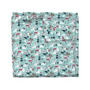 Small scale // VET medicine happy and healthy friends // aqua background red details navy blue white and brown cats dogs and other animals