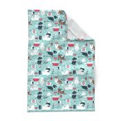 Small scale // VET medicine happy and healthy friends // aqua background red details navy blue white and brown cats dogs and other animals