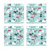 Small scale // VET medicine happy and healthy friends // aqua background red details navy blue white and brown cats dogs and other animals