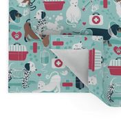 Small scale // VET medicine happy and healthy friends // aqua background red details navy blue white and brown cats dogs and other animals