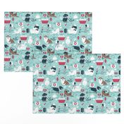 Small scale // VET medicine happy and healthy friends // aqua background red details navy blue white and brown cats dogs and other animals