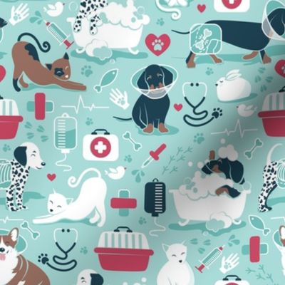 Small scale // VET medicine happy and healthy friends // aqua background red details navy blue white and brown cats dogs and other animals