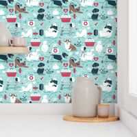 Small scale // VET medicine happy and healthy friends // aqua background red details navy blue white and brown cats dogs and other animals