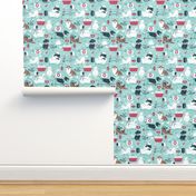 Small scale // VET medicine happy and healthy friends // aqua background red details navy blue white and brown cats dogs and other animals