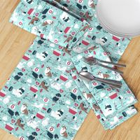 Small scale // VET medicine happy and healthy friends // aqua background red details navy blue white and brown cats dogs and other animals